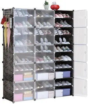 Fresh Fab Finds 10-Tier 3-Row Shoe Rack w/ Doors Stackable Plastic Cabinet Organizer - Black - One size