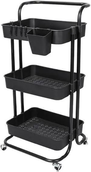 Fresh Fab Finds 3-Tier Rolling Utility Cart w/ Mesh Baskets & Hooks Lockable Wheels - Black - One size