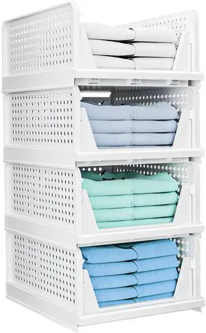 Fresh Fab Finds 4Pk Plastic Closet Storage Boxes Stackable Slide Drawer Organizer Bins - White - One size