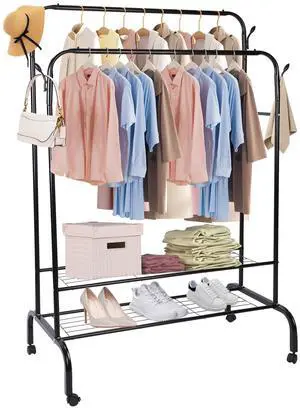 Fresh Fab Finds Garment Rack w/ 2 Rails 2 Shelves 4 Wheels 4 Hooks Clothing Display Stand - Black - One size Fresh Fab Finds Garment Rack w/ 2 Rails 2 Shelves 4 Wheels 4 Hooks Clothing Display Stand - Black - One size