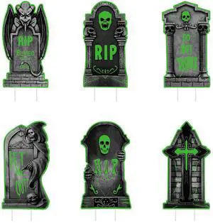 Fresh Fab Finds 6Pcs Halloween Tombstone Yard Signs Glow RIP Stakes Garden Decor - Multicolored -