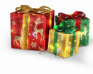 Fresh Fab Finds 3 Lighted Gift Boxes Christmas Ornament w/ 50 LED Lights Waterproof - Deer -