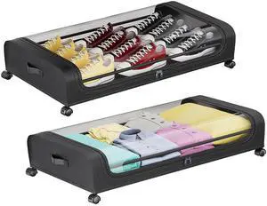 Fresh Fab Finds 2-Pack Underbed Storage Drawers 42L w/ Wheels & Clear Lid - Black - One size