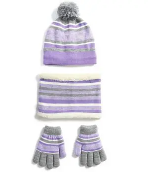 Fresh Fab Finds Kids Winter Hat, Scarf & Gloves Set 3Pcs Beanie Neck Warmer Mittens (47 Yrs) - Purple - One size