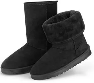 Fresh Fab Finds Womens Waterproof Faux Suede Snow Boots Mid-Calf Fur Lining - Black - 5
