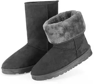 Fresh Fab Finds Womens Waterproof Faux Suede Snow Boots Mid-Calf Fur Lining - Gray - 6
