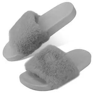 Fresh Fab Finds Womens Faux Fur Slippers Open Toe Anti-Skid Indoor/Outdoor Slides - Gray - 6 Fresh Fab Finds Womens Faux Fur Slippers Open Toe Anti-Skid Indoor/Outdoor Slides - Gray - 6