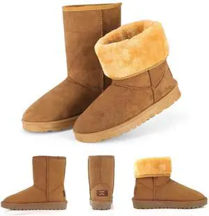 Fresh Fab Finds Womens Waterproof Mid-Calf Snow Boots Faux Suede Fur Lining Warm Cozy - Chestnut - 6