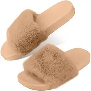 Fresh Fab Finds Womens Faux Fur Slippers Open Toe Anti-Skid Indoor/Outdoor Slides - Coffee - 6 Fresh Fab Finds Womens Faux Fur Slippers Open Toe Anti-Skid Indoor/Outdoor Slides - Coffee - 6