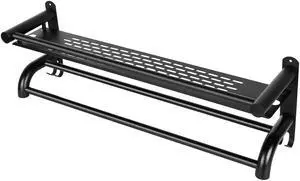 Fresh Fab Finds 2 Tier Wall Mounted Towel Rack Shelf w/ Rail & No-Drill Stickers for Bathroom - Black - One size