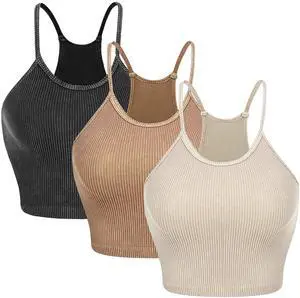 Fresh Fab Finds 3 Pack Women's Ribbed Knit Crop Tank Tops Sleeveless Round Neck Machine Wash - Multi - Small