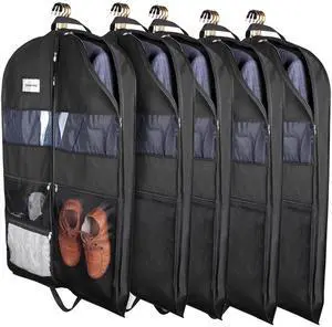 Fresh Fab Finds 5-Pack Breathable Garment Bags w/ Handles for Suits, Dresses & Jackets - Black - One size