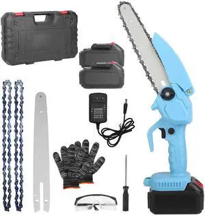 Fresh Fab Finds Cordless Mini Chainsaw Kit 8in w/ 2 Batteries, Gloves & Goggles for Cutting - Blue