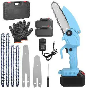 Fresh Fab Finds Electric Mini Chainsaw Cordless 4in/6in w/ 2 Batteries for Pruning & Trimming - Blue - One size