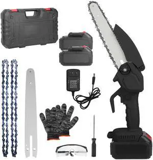 Fresh Fab Finds Cordless Mini Chainsaw Kit 8in w/ 2 Batteries, Gloves & Goggles for Cutting - Black