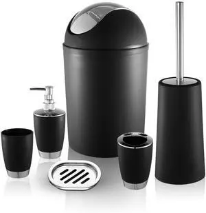 Fresh Fab Finds 6Pcs Bathroom Accessories Set w/ Trash Can - Black - One size