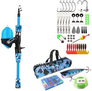 Fresh Fab Finds Kids Fishing Pole Set w/ Telescopic Rod, Reel, Tackle Box & 56 Lures - Blue - 1.2M