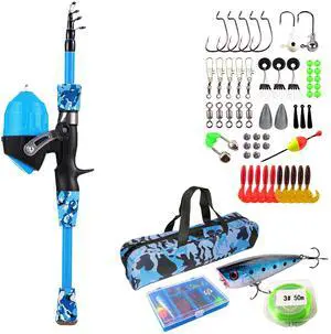 Fresh Fab Finds Kids Fishing Pole Set w/ Telescopic Rod, Reel, Tackle Box & 56 Lures - Blue - 1.5M