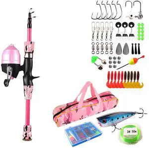 Fresh Fab Finds Kids Fishing Pole Set w/ Telescopic Rod, Reel, Tackle Box & 56 Lures - Pink - 1.2M