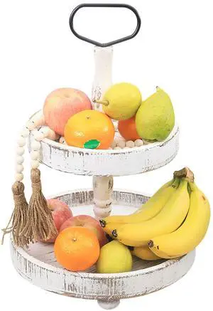 Fresh Fab Finds 2-Tier Round Farmhouse Tray for Kitchen Table, Fruit, Cupcakes, Coffee Display - White - One size Fresh Fab Finds 2-Tier Round Farmhouse Tray for Kitchen Table, Fruit, Cupcakes, Coffee Display - White - One size