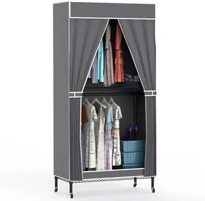 Fresh Fab Finds 2-Tier Portable Wardrobe Garment Rack w/ Wheels & Cover, 35.43x17.13x72.44in - Gray