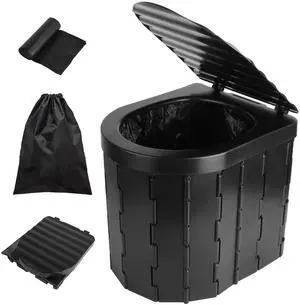 Fresh Fab Finds Foldable Emergency Toilet w/ Lid, Carry Bag & Garbage Roll for Travel, Camping - Black - One size