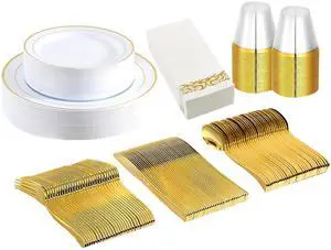 Fresh Fab Finds 175Pc Gold Rim Plastic Dinnerware Set w/ Plates, Cups, Utensils & Napkins for Party - Yellow - One size