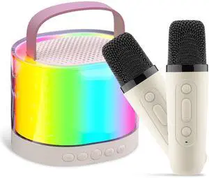 Fresh Fab Finds Mini Karaoke Machine w/ 2 Wireless Mics RGB Lights Echo - White