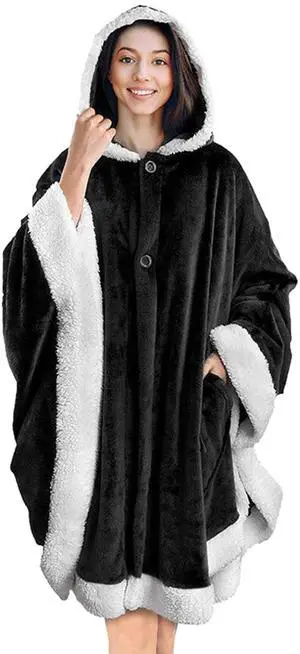 Fresh Fab Finds Hoodie Blanket Wearable Robe Poncho Cape w/ Hat 2 Pockets Buttons - Black One size Fresh Fab Finds Hoodie Blanket Wearable Robe Poncho Cape w/ Hat 2 Pockets Buttons - Black One size