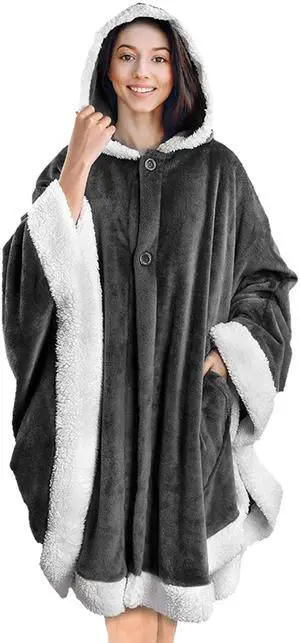 Fresh Fab Finds Hoodie Blanket Wearable Robe Poncho Cape w/ Hat 2 Pockets Buttons - Gray One size Fresh Fab Finds Hoodie Blanket Wearable Robe Poncho Cape w/ Hat 2 Pockets Buttons - Gray One size