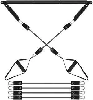 Fresh Fab Finds Pilates Bar Kit with 180LBS Resistance Bands Multifunctional Pilates Yoga Toning Bar Full Body Exercise Equipment Set - Black - 180 lbs