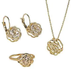 Vista Rose Is A Rose Set Of Ring; Earrings and Pendant With Chain In 18kt Rose Crystals In White Yellow And Rose Gold Plating - GOLD Vista Rose Is A Rose Set Of Ring; Earrings and Pendant With Chain In 18kt Rose Crystals In White Yellow And Rose Gold Plating - GOLD