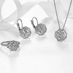 Vista Rose Is A Rose Set Of Ring; Earrings and Pendant With Chain In 18kt Rose Crystals In White Yellow And Rose Gold Plating - WHITE GOLD Vista Rose Is A Rose Set Of Ring; Earrings and Pendant With Chain In 18kt Rose Crystals In White Yellow And Rose Gold Plating - WHITE GOLD