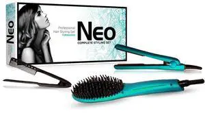 NEO Choice The Heated Brush Set - Heated Straightening Brush w/ 0.5" Mini Flat Iron & EZ Comb - Turquoise NEO Choice The Heated Brush Set - Heated Straightening Brush w/ 0.5" Mini Flat Iron & EZ Comb - Turquoise