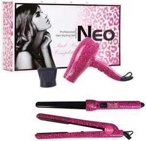 NEO Choice The Full Set - 1.25" Ceramic Flat Iron w/ 25-18mm Curling Wand & Mini Travel Hair Dryer - Pink Leopard NEO Choice The Full Set - 1.25" Ceramic Flat Iron w/ 25-18mm Curling Wand & Mini Travel Hair Dryer - Pink Leopard