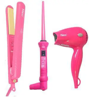 NEO Choice Complete Set - 1.25" Ceramic Flat Iron w/ 9-18mm Curling Wand & Mini Travel Hair Dryer - Pink NEO Choice Complete Set - 1.25" Ceramic Flat Iron w/ 9-18mm Curling Wand & Mini Travel Hair Dryer - Pink