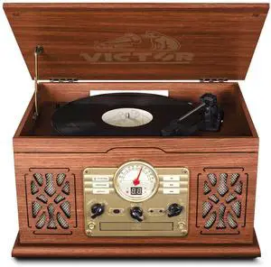 Victor State 7-in-1 Wood Music Center with 3-Speed Turntable & Dual Bluetooth - Mahogany Victor State 7-in-1 Wood Music Center with 3-Speed Turntable & Dual Bluetooth - Mahogany
