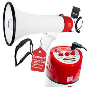 5 Core Megaphone 50W Bull Horn PA Speaker with 300M Range Loud Siren Voice Amplifier Portable - White 5 Core Megaphone 50W Bull Horn PA Speaker with 300M Range Loud Siren Voice Amplifier Portable - White
