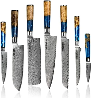 Seido Knives Executive Japanese Damascus Steel Knife Set, 7-Piece - Brown, Blue Seido Knives Executive Japanese Damascus Steel Knife Set, 7-Piece - Brown, Blue