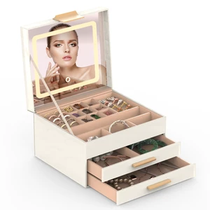 Fresh Fab Finds Jewelry Box with LED Mirror, 3-Layer Jewelry Organizer with 2 Drawers, PU Jewelry Holder, 3 Light Colors, Dimmable, for Earrings, Rings & Bracelets, Ivory Fresh Fab Finds Jewelry Box with LED Mirror, 3-Layer Jewelry Organizer with 2 Drawers, PU Jewelry Holder, 3 Light Colors, Dimmable, for Earrings, Rings & Bracelets, Ivory