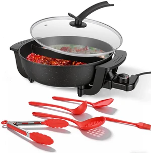Fresh Fab Finds PenguinWarmth 6L Electric Hot Pot with Divider 1100W Dual-Flavor Pot Shabu Pot Non-Stick with 5-Temp Control for Shabu Fondue - Black Fresh Fab Finds PenguinWarmth 6L Electric Hot Pot with Divider 1100W Dual-Flavor Pot Shabu Pot Non-Stick with 5-Temp Control for Shabu Fondue - Black