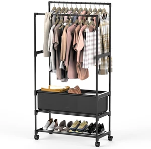 Fresh Fab Find Double Rods Garment Rack with Storage Bag Portable Clothing Rack with Shelves Lockable Wheels Small Portable Closet Storage Bag Height Adjustable - Black Fresh Fab Find Double Rods Garment Rack with Storage Bag Portable Clothing Rack with Shelves Lockable Wheels Small Portable Closet Storage Bag Height Adjustable - Black