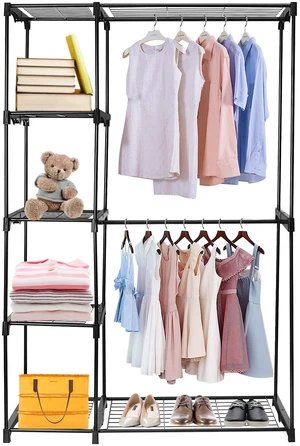 Fresh Fab Find Double Rod Metal Closet Organizer w/ 5-Tier Shelves & Shoe Rack - Black Fresh Fab Find Double Rod Metal Closet Organizer w/ 5-Tier Shelves & Shoe Rack - Black
