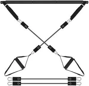 Fresh Fab Finds Pilates Bar Kit with 100LBS Resistance Bands Multifunctional Pilates Yoga Toning Bar Full Body Exercise Equipment Set - Black - 100 lbs