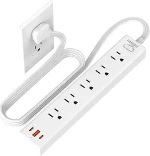 HOPOW Flat Plug Power Strip, 10 Ft Ultra Thin Flat Extension Cord, Surge Protector with 5 Outlets & 3 USB Ports (2 USB C), 1700 Joules, Wall Mount, Desktop Charging Station for Home Office Dorm, White