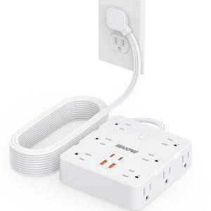 HOPOW Power Strip Surge Protector -10 ft Flat Plug Extension Cord with 12 Outlets & 4 USB Ports (2 USB C), 1700 Joules, Wall Mount, Desk Charging Station for Home Office Dorm, White