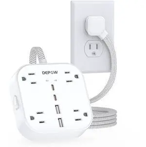 DEPOW Flat Extension Cord 5Ft, Flat Plug Power Strip with 4 Outlets 4 USB Ports (2 USB C), Multiple Wall Outlet Extender Suitable for Home Office Dorm, White