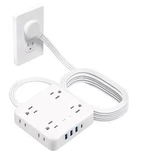 HOPOW Flat Plug Power Strip, 5 Ft Ultra Thin Flat Extension Cord with 8 Outlets 4 USB Ports (1 USB C), 1440 J Surge Protector, Wall Mount for Office Home, White
