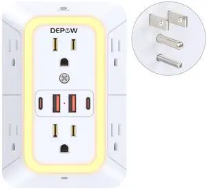 Wall Outlet Extender with Night Light, Power Plug Adapter Multi Plug Outlet Surge Protector with 4 USB Charging Ports (2 USB C), Adapter Spaced Outlets for Home Travel Office-ETL Wall Outlet Extender with Night Light, Power Plug Adapter Multi Plug Outlet Surge Protector with 4 USB Charging Ports (2 USB C), Adapter Spaced Outlets for Home Travel Office-ETL
