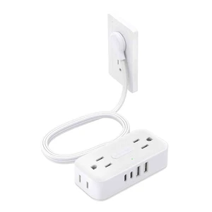 Flat Plug Power Strip, Small Extension Cord 5ft, 4 AC & 4 USB, White, Flat Extension Cord, 1250W, Wall Mount 900J Surge Protector for Home Office Travel Dorm Room Essentials Flat Plug Power Strip, Small Extension Cord 5ft, 4 AC & 4 USB, White, Flat Extension Cord, 1250W, Wall Mount 900J Surge Protector for Home Office Travel Dorm Room Essentials